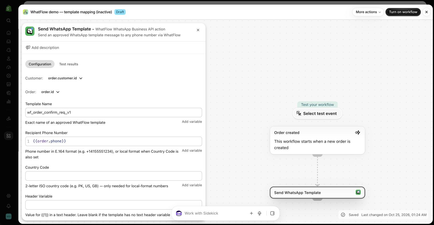 Shopify Flow mapping a demo order into WhatFlow Send WhatsApp Template fields.