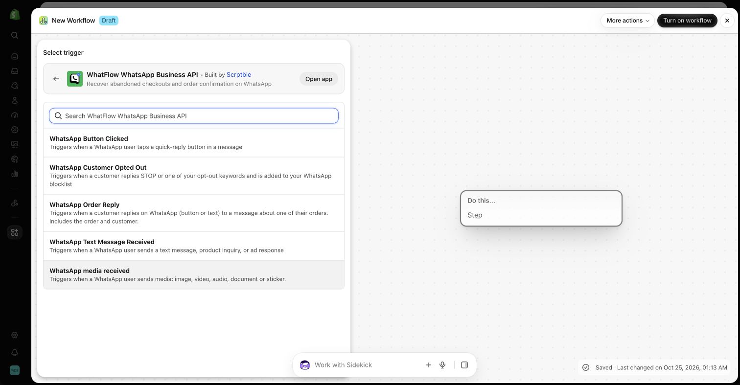 WhatFlow WhatsApp trigger choices inside Shopify Flow.
