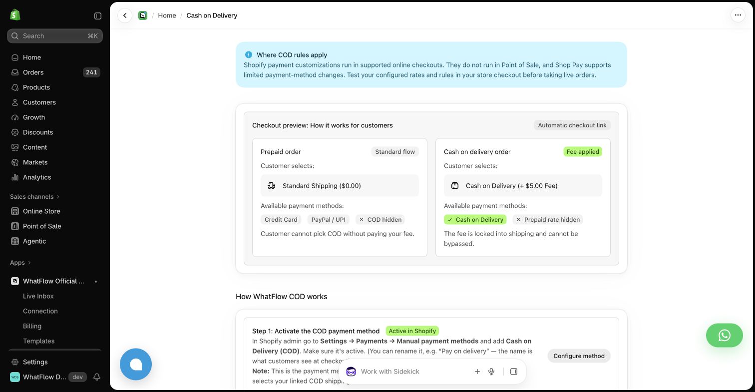 WhatFlow Cash on Delivery settings in the Shopify demo store showing an illustrative checkout preview