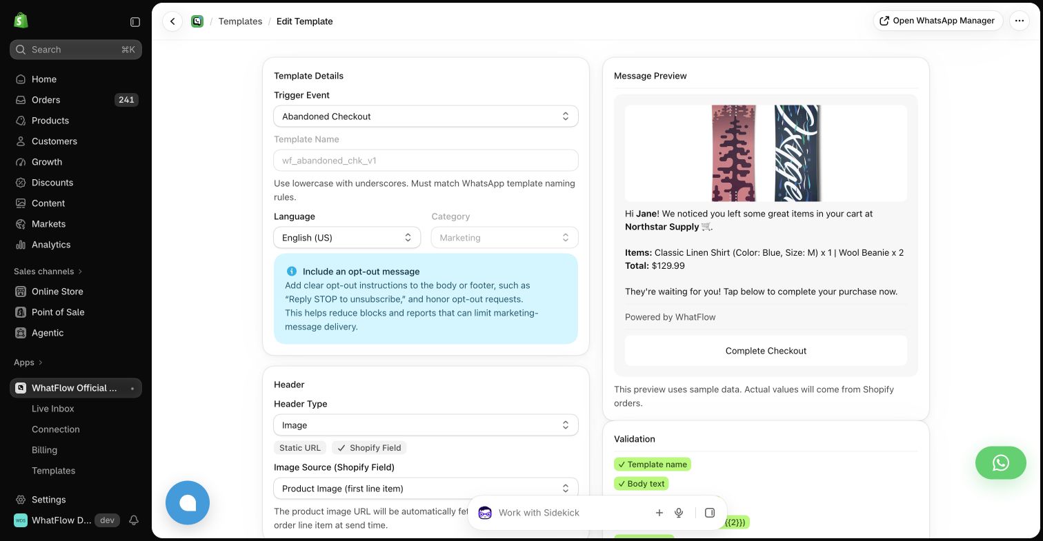 WhatFlow abandoned checkout template editor inside the Shopify demo store, with mapped fields and a sample message preview