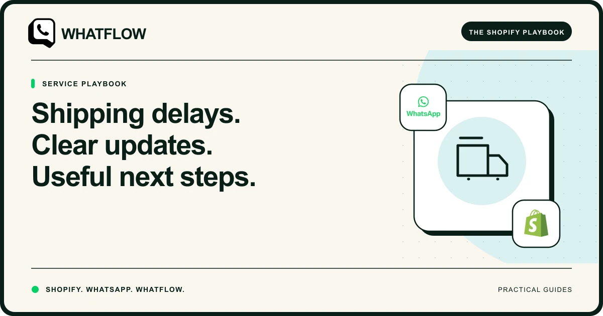 A WhatFlow guide illustrates a clear WhatsApp shipping-delay update and the next promised follow-up.